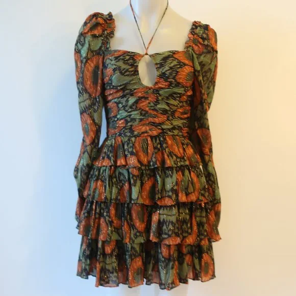 Womens Ulla Johnson Naiya Nocturne Black Green Gold Metallic Halter Dress 0 - Picture 2 of 16